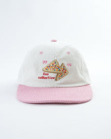 Kids fairy bread cap with white striped crown, pink brim, embroidered triangle design