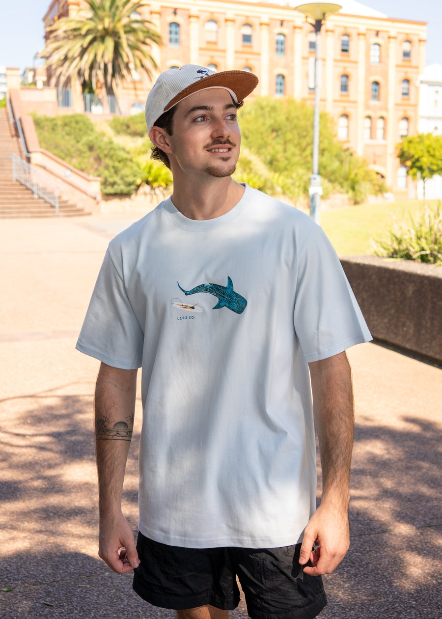 Light blue short-sleeve crewneck T-shirt with whale shark paddle print on front