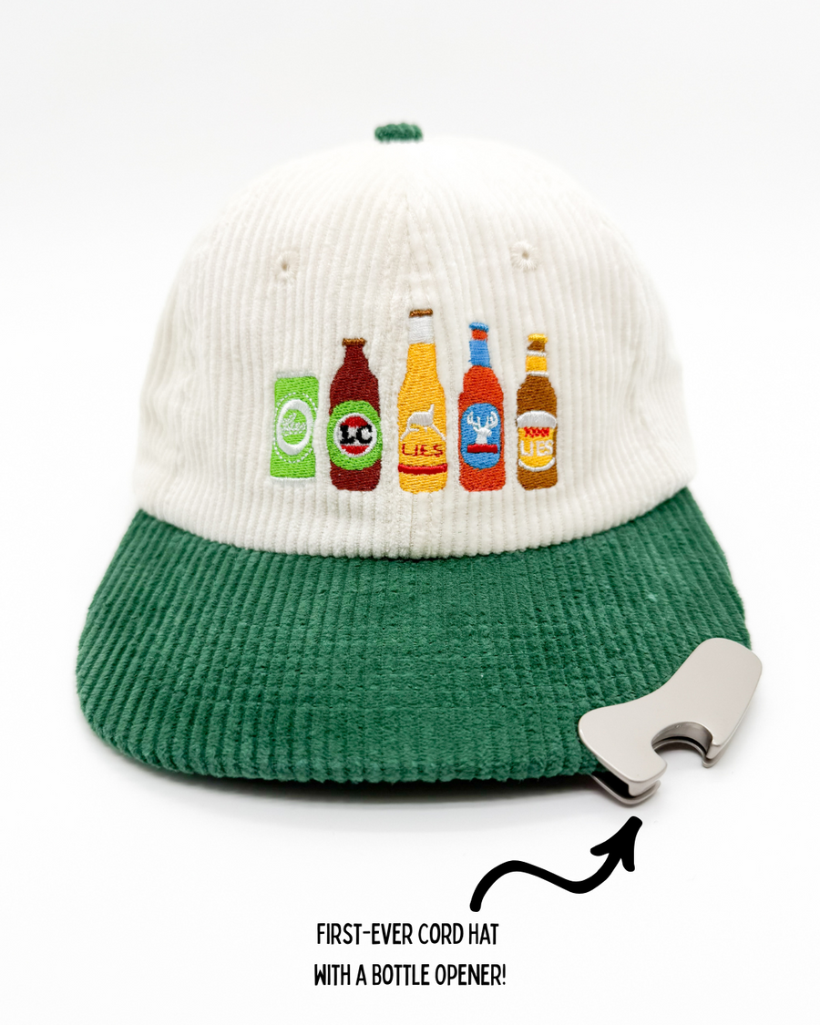 Off-white knit cap with green brim, embroidered beer bottles, included bottle opener