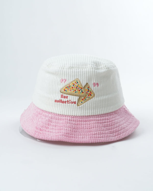 White and pink bucket hat with fairy bread patch and ribbed knit texture