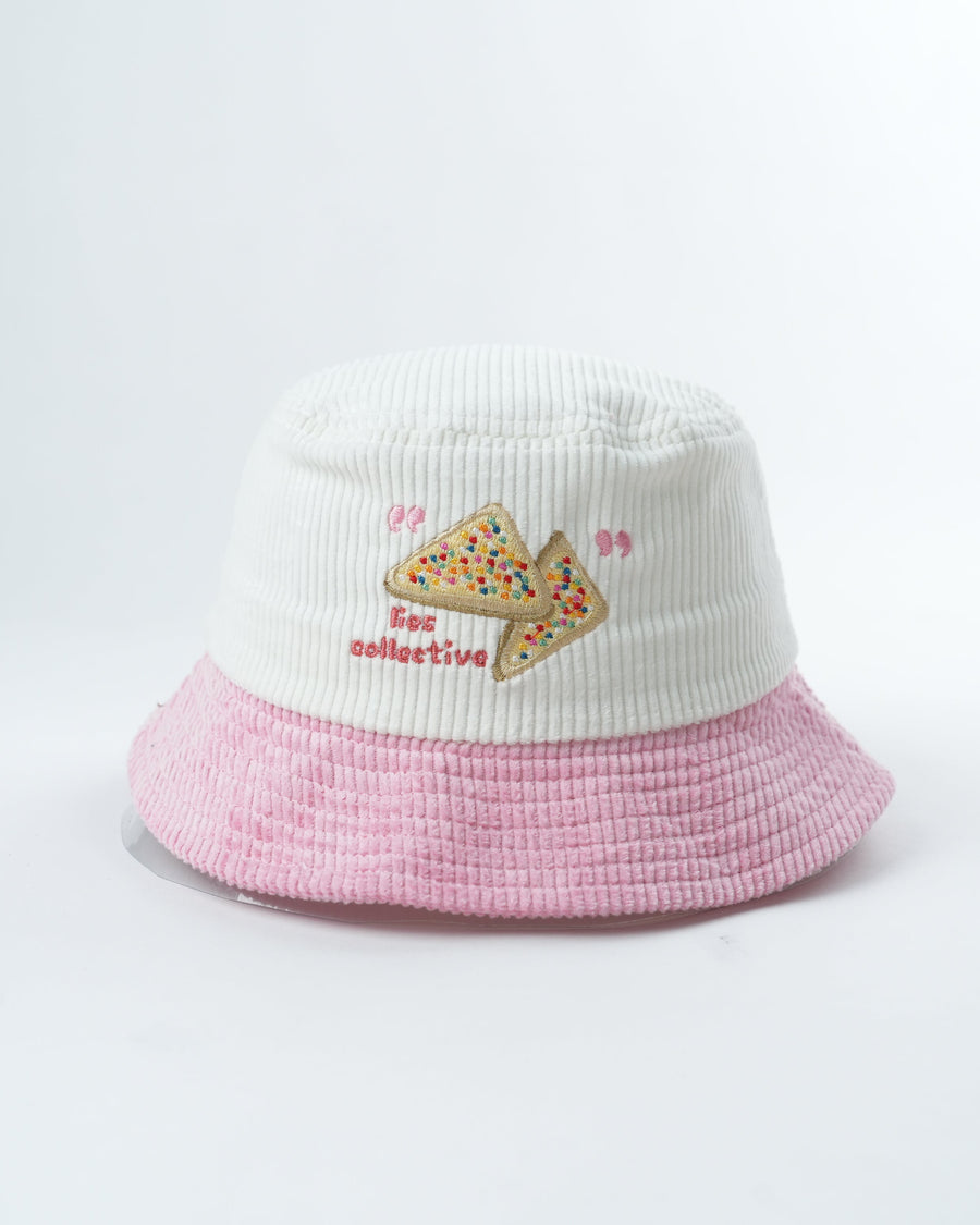 White and pink bucket hat with fairy bread patch and ribbed knit texture