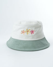 Flower bloom bucket hat, white-and-mint rib knit with colorful embroidered flowers