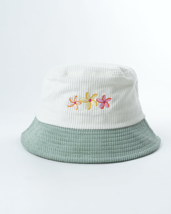 Flower bloom bucket hat, white-and-mint rib knit with colorful embroidered flowers