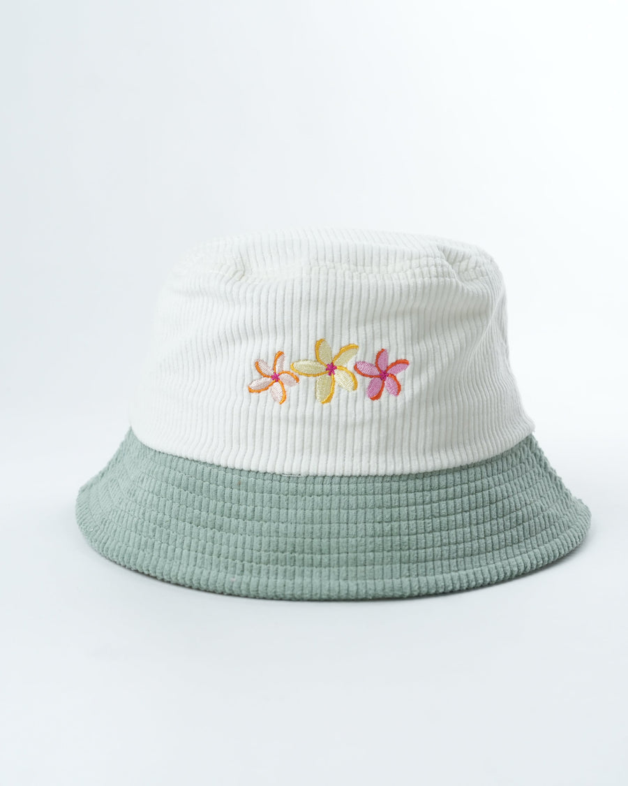 Flower bloom bucket hat, white-and-mint rib knit with colorful embroidered flowers