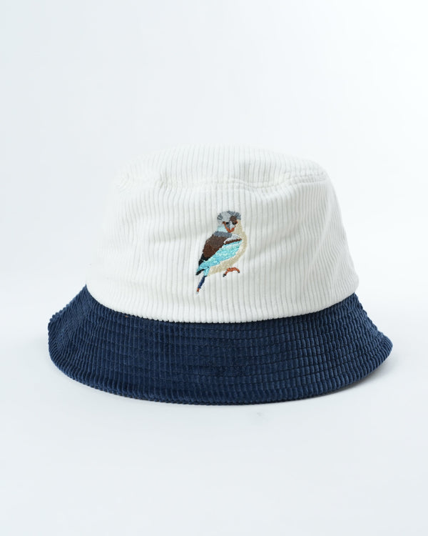 Vintage kookaburra print bucket hat, white crown with navy brim and embroidered bird