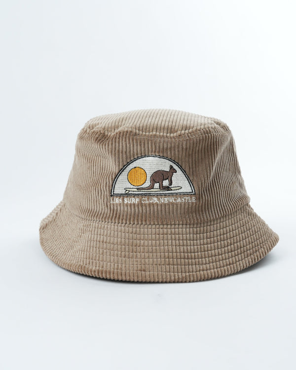 Tan cord bucket hat with embroidered surf logo front patch