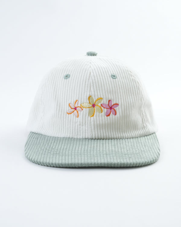 Flower Bloom hat product photo: white ribbed cap with mint brim and colorful flower embroidery