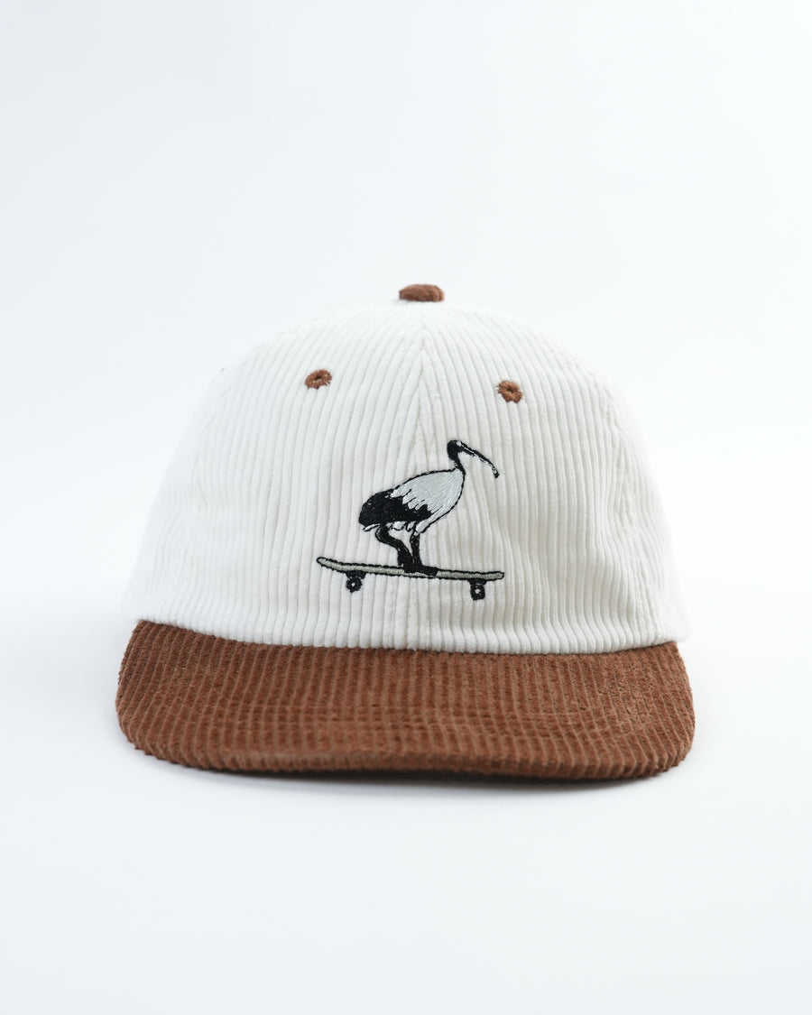 Skatepark Scavenger hat front: white/gray crown, brown brim, black skate icon