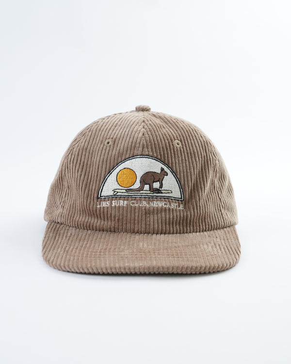 Tan corduroy baseball cap with embroidered surfer kangaroo sun patch on front