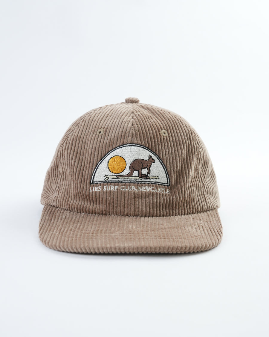 Tan corduroy baseball cap with embroidered surfer kangaroo sun patch on front
