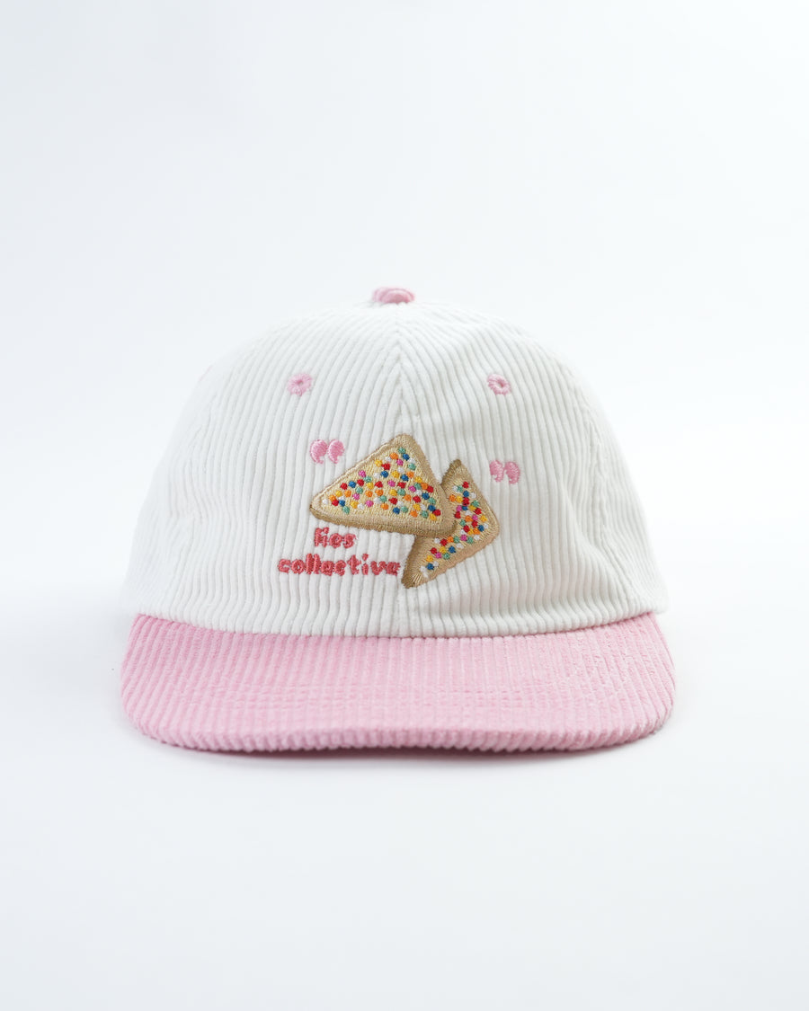 Kids fairy bread cap with white striped crown, pink brim, embroidered triangle design