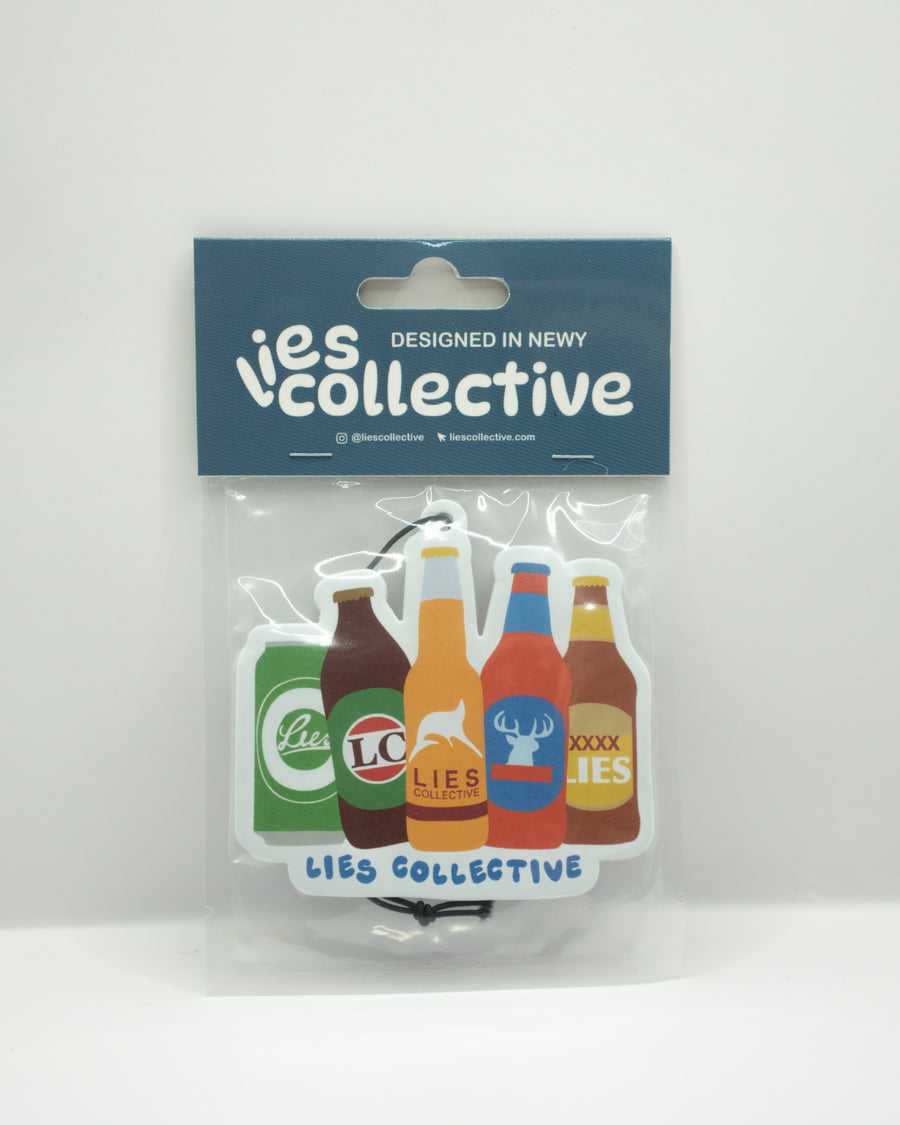 Beer bottle air freshener tag in clear plastic bag