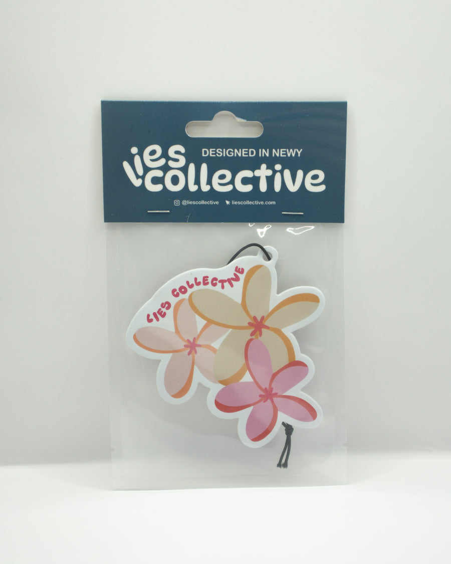 Hanging floral air freshener flower design carded in blue package with black cord