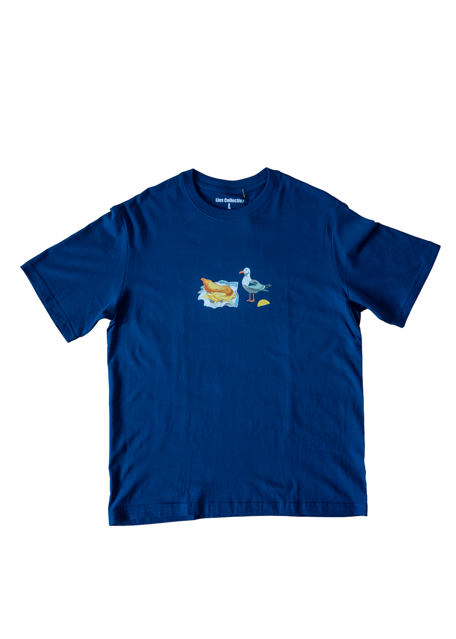 Blue crewneck T-shirt with small fish-and-chips graphic print at center front