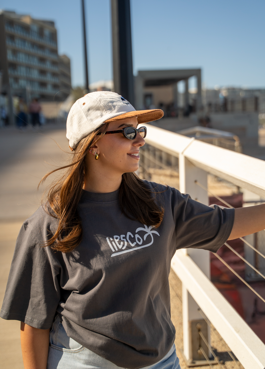 Essential Palm Tee: dark gray with white front graphic logo, short-sleeve crew neck.