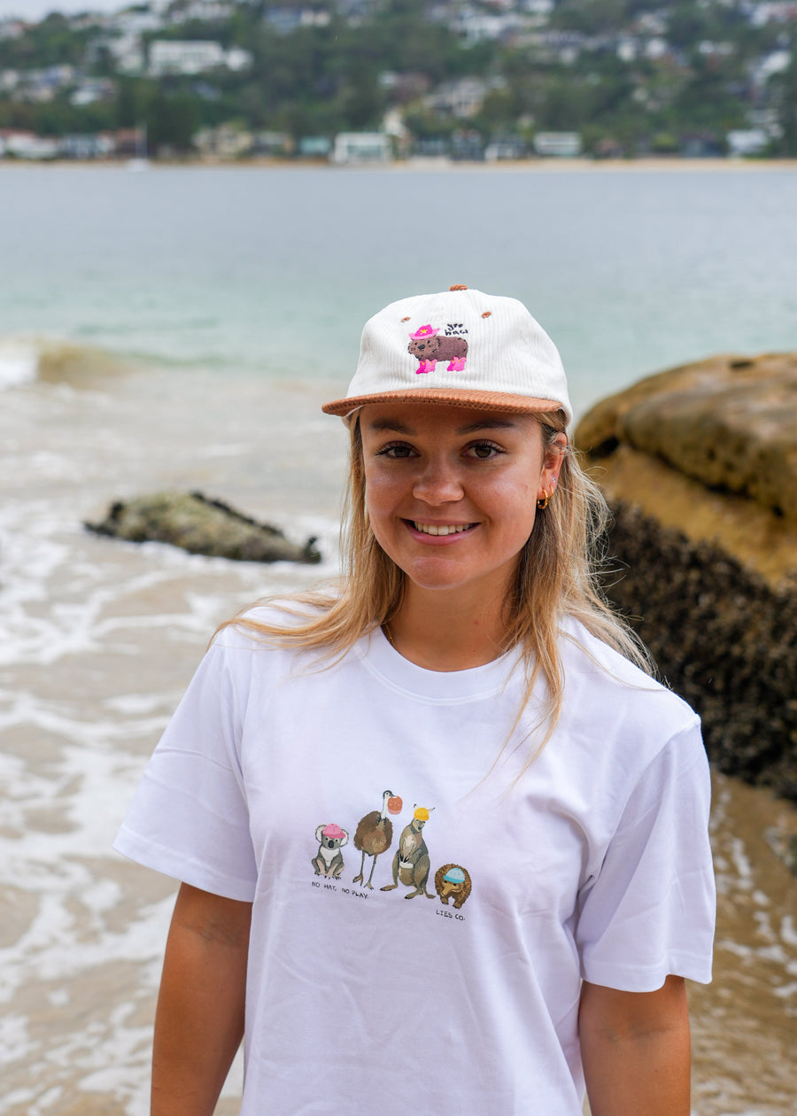 White crewneck T-shirt with colorful animal graphic and small text at center chest